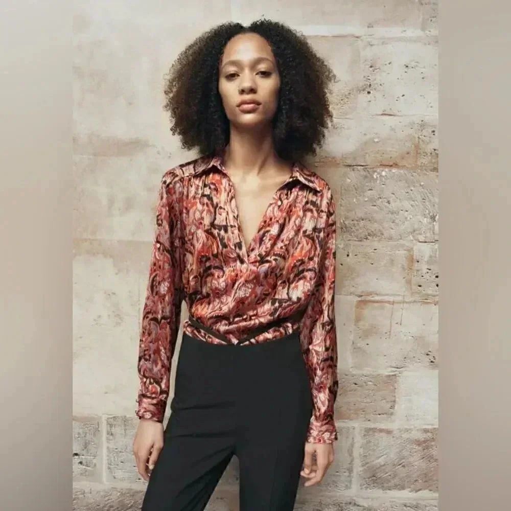 ZARA FLOWY PRINTED SATIN EFFECT BLOUSE - Picture 1 of 9